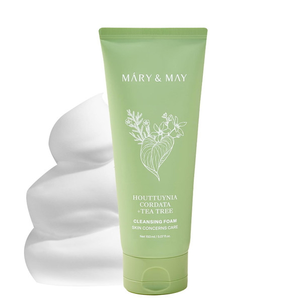 Mary&May Houttuynia Cordata + Tea Tree Deep Clean Foam 40.7% Heartleaf + 6.8% Tea Tree Rich Cream Foam Pore Cleanser with Hyaluronic Acid  Korean Face Wash for Oily Sensitive Skin 5.07 fl oz