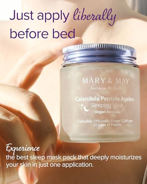 Mary&May Vegan Calendula Peptide Ageless Sleeping Mask Overnight Hydration Face Gel Mask Korean Facial Mask Soothing Acne And Antiaging With Ceramide Hyaluronic Acid Cica 3.7 Fl.Oz.