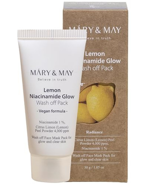 Mary&May Vegan Lemon Niacinamide Glow Wash Off Pack 30Gclean Pores Sebum Control Vitamin C Lemon Peel Clay Mask Korean Facial Mask 1.01Oz.