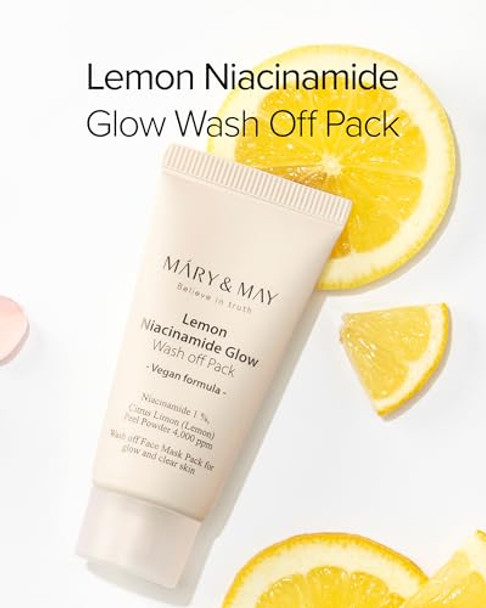 Mary&May Vegan Lemon Niacinamide Glow Wash Off Pack 30Gclean Pores Sebum Control Vitamin C Lemon Peel Clay Mask Korean Facial Mask 1.01Oz.