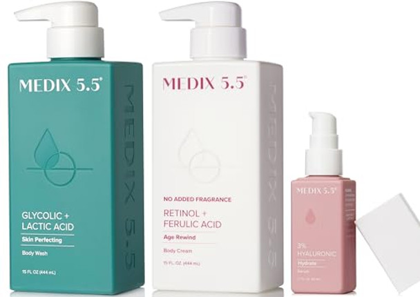 Medix 5.5 Fragrance  Retinol Age Rewind Cream + Glycolic Acid Exfolating Body Wash + 3% Hyaluronic Acid Hydrating Body Serum Set