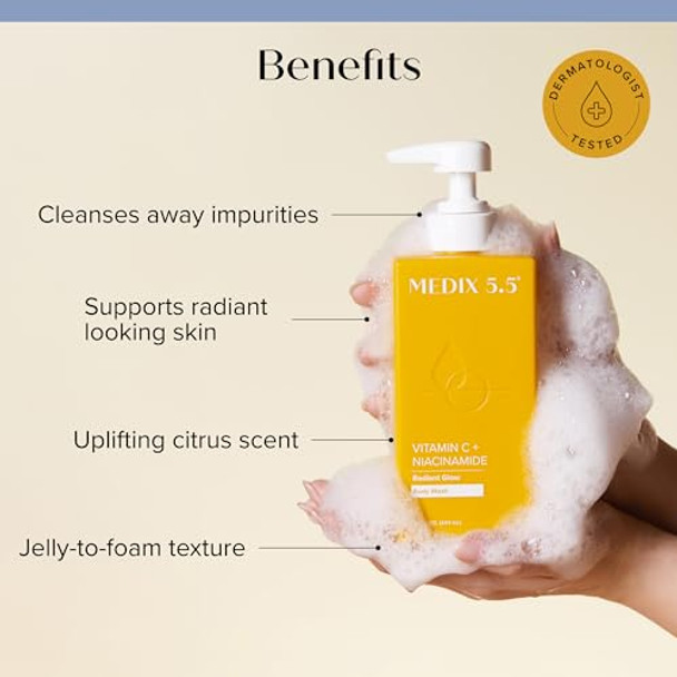 Medix 5.5 Radiant Glow Vitamin C Body Wash W/Niacinamide Citrus Scented Gentle Body & Face Cleanser For Women Men Dry Skin & Smootherlooking Skin Removes Dirt Oil & Impurities 15 Fl Oz