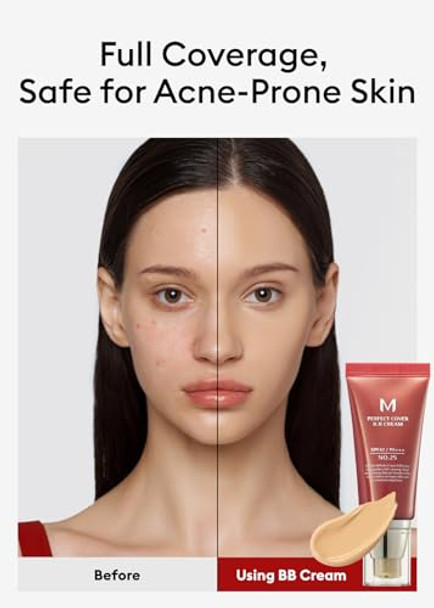 Missha M Perfect Cover Bb Cream No.25 Warm Beige Medium With Warm Undertone Spf 42 Pa +++ / 1.69 Fl Oz Tinted Moisturizer For Face With Spf