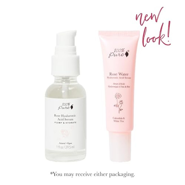 100% Pure Rose Hyaluronic Acid Facial Serum Deeply Hydrating Natural Care Soothe & Replenish Suppleness Bounce Dry Dehydrated Skin Vegan 1Oz