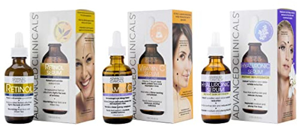 Advanced Clinicals Retinol Antiaging Facial Serum + Vitamin C Brightening Facial Serum + Hyaluronic Acid Hydrating Facial Serum Set