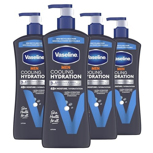 Vaseline Men Cooling Hydration 3In1 4 Pack For Dry Skin Face Hands & Body Lotion For Men With Menthol & Ultrahydrating Lipids 20.3 Oz