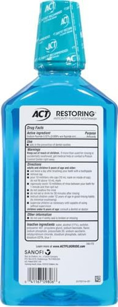 Act Restoring Fluoride Mouthwash 33.8 Fl. Oz. Strengthens Tooth Enamel Cool Mint