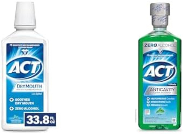 Act Dry Mouth & Anticavity Fluoride Mouthwash Bundle 33.8 Fl. Oz. Soothing Mint & 18 Fl. Oz. Mint With Cup