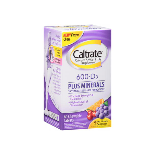 Caltrate Calcium & Vitamin D Plus Minerals, 600+D, Chewables, Orange & Fruit Punch, 60 ea