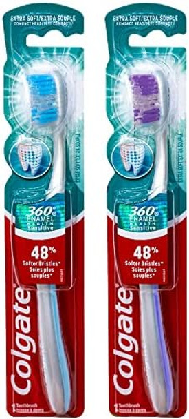Colgate 360 Enamel Health Sensitive Toothbrush Compact Head Extra Soft (Colors Vary) Pack Of 2