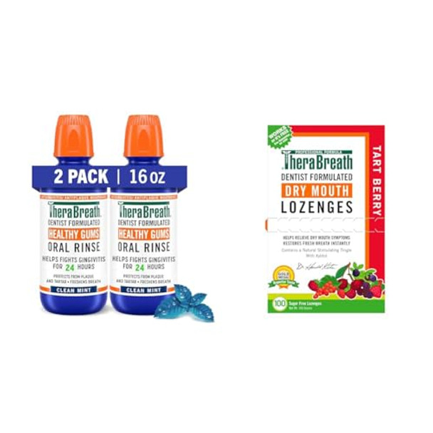 Therabreath Healthy Gums Mouthwash 16 Fl Oz (2Pack) & Dry Mouth Lozenges With Zinc Tart Berry Flavor 100 Lozenges