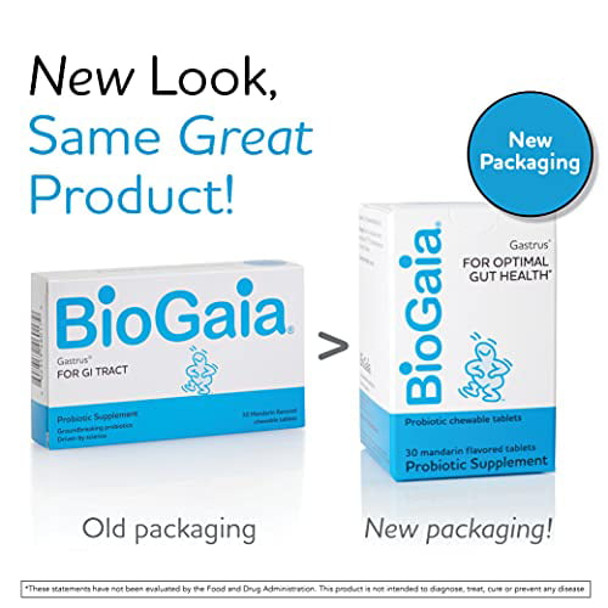 BioGaia Gastrus Chewable Tablets, Adult Probiotic Supplement for Stomach Discomfort, Constipation, Gas, Bloating, Regularity, Non-GMO, 30 Tablets, 2 Pack
