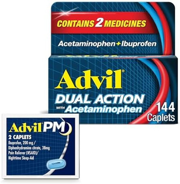Advil Dual Action With Acetaminophen And Ibuprofen (2 Dose Equivalent) For 8 Hour Pain Relief Coated 144 Ct Caplets And 2 Ct. Sample Of Advil Pm