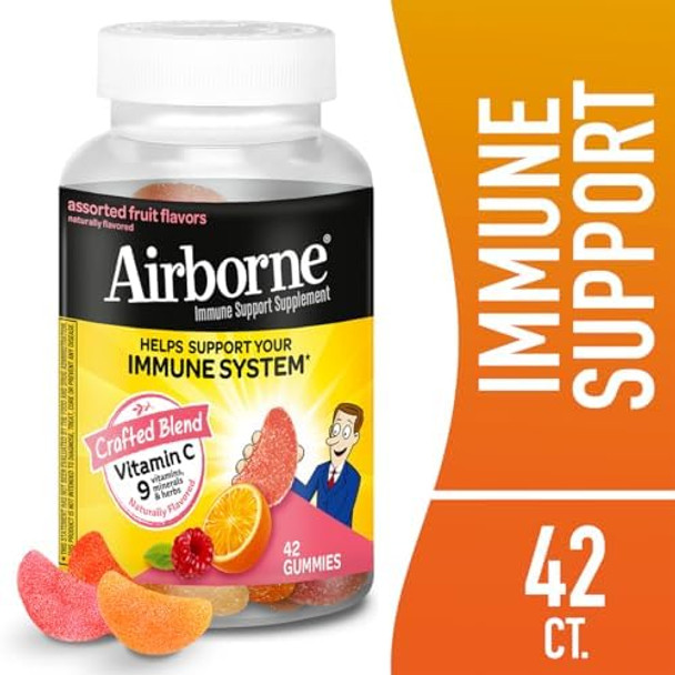 Airborne 750Mg Vitamin C Immune Support Supplement Gummies For Adults Assorted Fruit Flavor Gluten Crafted Blend With Powerful Antioxidants Vitamins A C & E 42 Gummies (2 Pack)