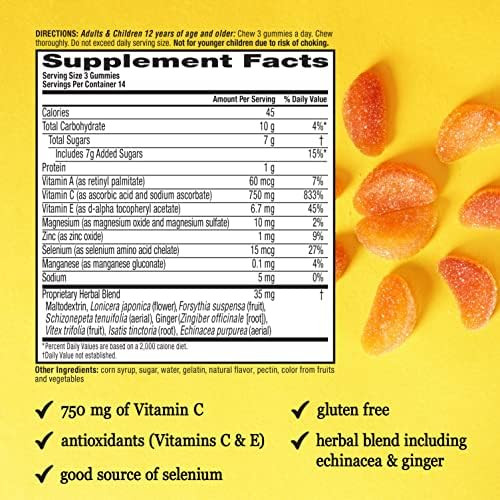 Airborne 750Mg Vitamin C Gummies For Adults Immune Support Supplement With Powerful Antioxidants Vitamins C & E 42 Gummies Zesty Orange Flavor