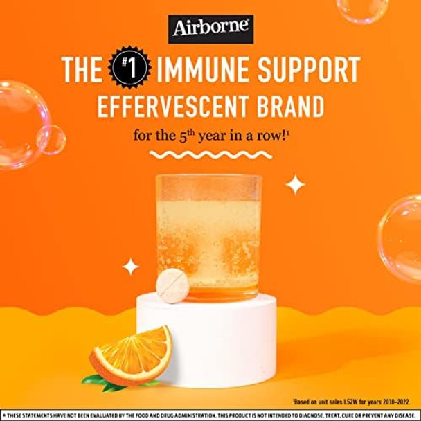 Airborne 1000Mg Vitamin C With Zinc Effervescent Tablets Immune Support Supplement With Powerful Antioxidants Vitamins A C & E 20 Fizzy Drink Tablets Zesty Orange Flavor