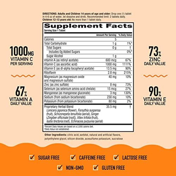 Airborne 1000Mg Vitamin C With Zinc Effervescent Tablets Immune Support Supplement With Powerful Antioxidants Vitamins A C & E 20 Fizzy Drink Tablets Zesty Orange Flavor
