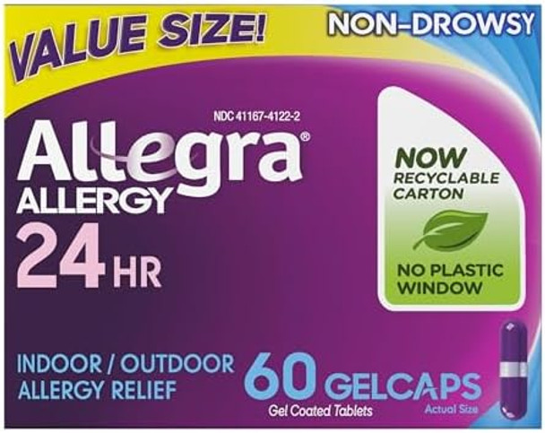 Allegra Adult 24Hour Allergy Relief Gelcaps Nondrowsy Indoor And Outdoor Allergy Medicine 180 Mg Fexofenadine Hci Antihistamine Pill 60Count