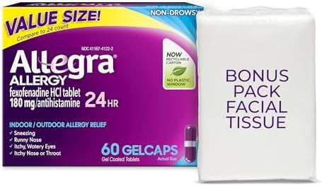 Allegra Adult 24Hour Allergy Relief Gelcaps With Bonus Tissue Pack Nondrowsy Indoor And Outdoor Allergy Medicine 180 Mg Fexofenadine Hci Antihistamine Pill 60Count