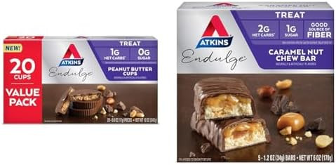 Atkins Endulge Peanut Butter Cups Dessert Favorite Low Carb 0G Sugar 20 Count & Endulge Caramel Nut Chew Bar Dessert Favorite 1G Sugar Good Source Of Fiber 5 Count