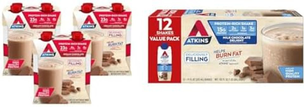 Atkins Creamy Chocolate Meal Size Protein Shake & Milk Chocolate Delight Protein Shake 15G Protein Low Glycemic 2G Net Carb 1G Sugar Keto Friendly 12 Count