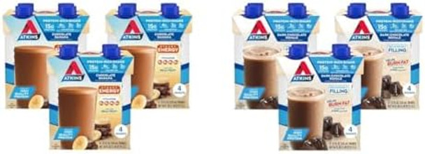 Atkins Chocolate Banana Protein Shake 15G Protein & Dark Chocolate Royale Protein Shake 15G Protein Low Glycemic 2G Net Carb 1G Sugar Keto Friendly 12 Count