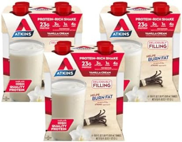 Atkins Vanilla Cream Meal Size Protein Shake 23G Protein Low Glycemic 3G Carb 1G Sugar & Energy Shake Creamy Caramel With B Vitamins And Protein. Ketofriendly And Gluten 4 Count(Pack Of 3)