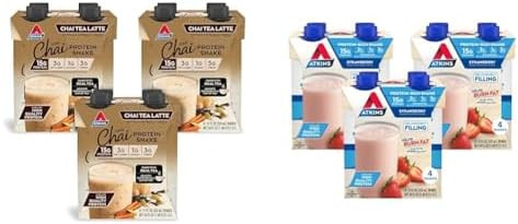 Atkins Chai Tea Latte Protein Shake 15G Protein Low Glycemic 3G Net Carb 1G Sugar Keto Friendly & Strawberry Protein Shake 15G Protein Low Glycemic 2G Net Carb 1G Sugar 12Ct