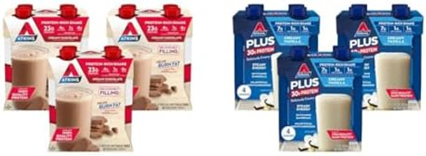 Atkins Creamy Chocolate Meal Size Protein Shake 23G Protein Low Glycemic 4G Net Carb 1G Sugar & Creamy Vanilla Plus Protein Shake 30G Protein 7G Fiber 1G Net Carb 1G Sugar