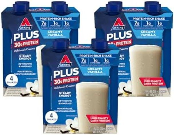 Atkins Creamy Chocolate Meal Size Protein Shake 23G Protein Low Glycemic 4G Net Carb 1G Sugar & Creamy Vanilla Plus Protein Shake 30G Protein 7G Fiber 1G Net Carb 1G Sugar