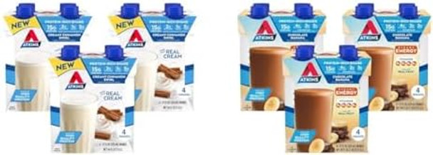 Atkins Creamy Cinnamon Swirl & Chocolate Banana Protein Shakes Bundle 15G Protein Low Glycemic 12 Count Each