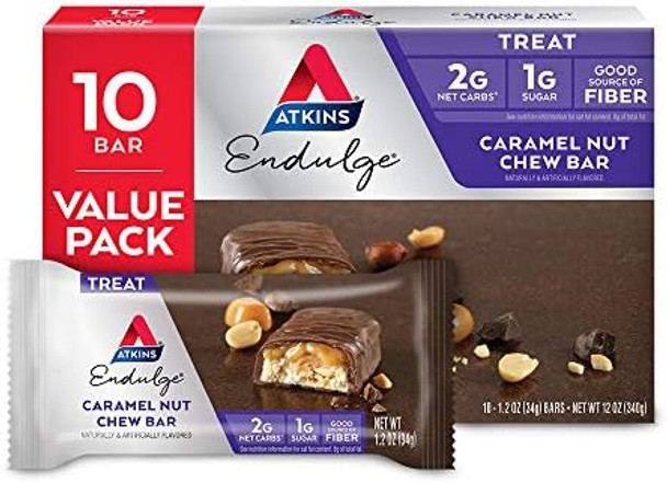 Atkins Endulge Caramel Nut Chew Bar 10 Count & Vanilla Caramel Pretzel Protein Meal Bar 5 Count Bundle