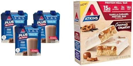 Atkins Creamy Milk Chocolate 30G Protein Shake 12 Count + Vanilla Caramel Pretzel 15G Protein Meal Bar 5 Count Bundle