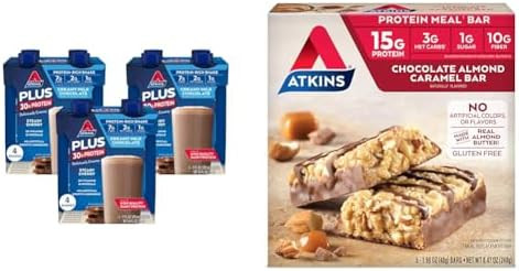 Atkins Creamy Milk Chocolate Protein Shake 30G Protein 12 Count + Atkins Chocolate Almond Caramel Bar Ketofriendly 5 Count