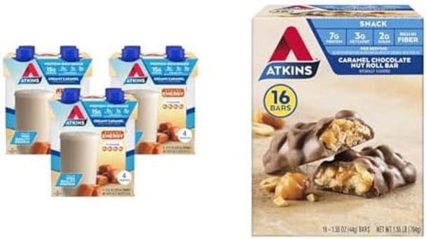 Atkins Energy Shake Creamy Caramel With Protein Gluten 4 Count(Pack Of 3) And Caramel Chocolate Nut Roll Snack Bar High In Fiber 2G Sugar 16 Count
