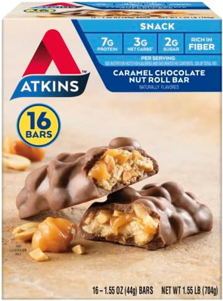 Atkins Energy Shake Creamy Caramel With Protein Gluten 4 Count(Pack Of 3) And Caramel Chocolate Nut Roll Snack Bar High In Fiber 2G Sugar 16 Count