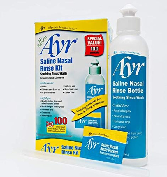 Ayr Saline Nasal Rinse Kit Soothing Sinus Wash 100Count Saline Nasal Rinse Mixture Packets Plus Applicator Bottle (Pack Of 2) 202 Piece Set