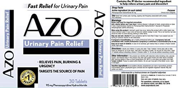 Azo Urinary Pain Relief Dietary Supplement Contains 95 Mg Phenazopyridine Hydrochloride The #1 Ingredient Prescribed By Doctors Pharmacists Specifically For Urinary Discomfort† 30 Count