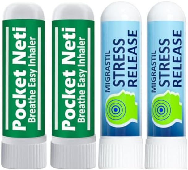 Basic Vigor Pocket Neti Breathe Easy Himalayan Salt Aromatherapy Sinus Inhaler (2Pk) & Stress Release Inhalers Bundle (2Pk). Made In The Usa.