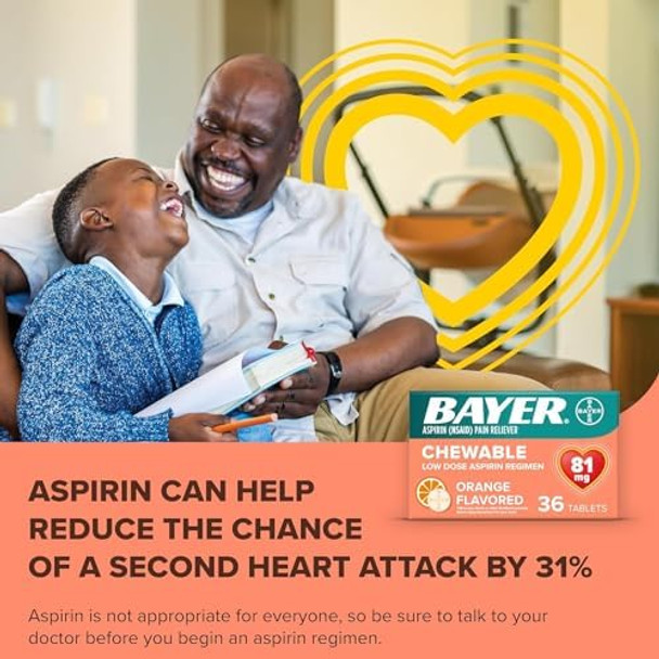 Bayer Aspirin Low Dose 81 Mg Chewable Tablets Pain Reliever Orange Flavored 216 Tablets (6 Pack)