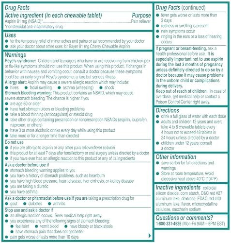 Bayer Aspirin Low Dose 81 Mg Chewable Tablets Pain Reliever Cherry Flavored 216 Tablets (6 Pack)