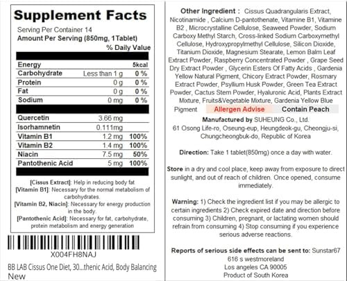 Bb Lab Cissus One Diet 300Mg Cissus Extract Formula For Metabolism Niacin Vitamin B1 Vitamin B2 And Pantothenic Acid Body Balancing