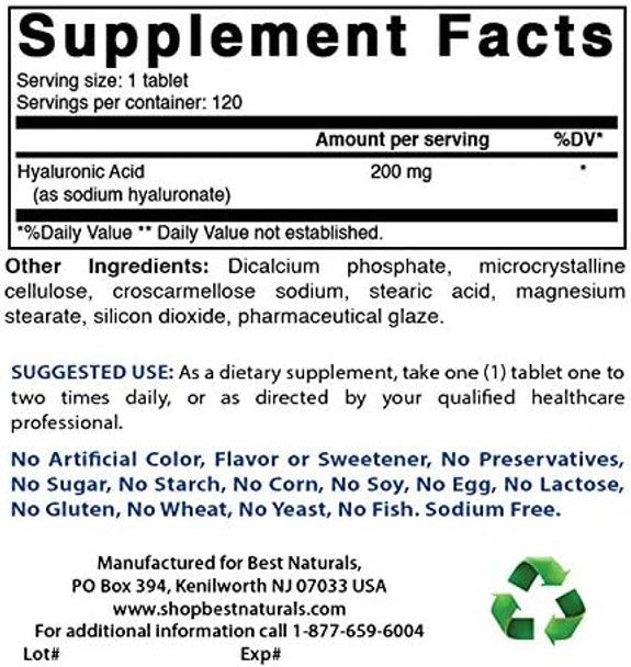 Best Naturals Hyaluronic Acid 200 Mg 120 Tablets (Nongmo Gluten ) Promotes Youthful Healthy Skin & Healthy Joint Function (120 Count (Pack Of 3))