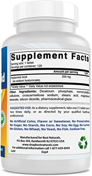 Best Naturals Hyaluronic Acid 200 Mg 120 Tablets (Nongmo Gluten ) Promotes Youthful Healthy Skin & Healthy Joint Function (120 Count (Pack Of 3))