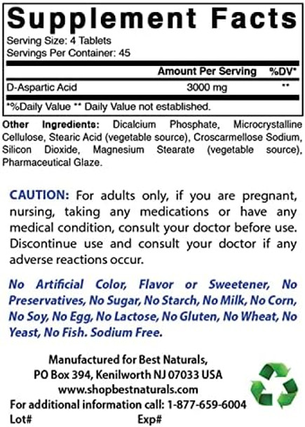 Best Naturals D Aspartic Acid (Daa) 3000Mg Per Serving Nongmo & Gluten 180 Tablets
