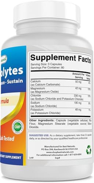 Best Naturals Electrolytes Hydratebalance Sustain Premium Formula 240 Capsules. Gluten And Nongmo.