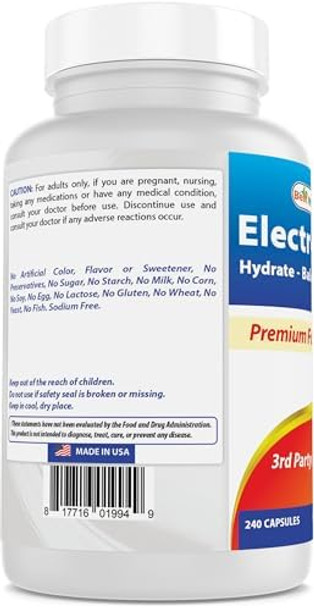Best Naturals Electrolytes Hydratebalance Sustain Premium Formula 240 Capsules. Gluten And Nongmo.
