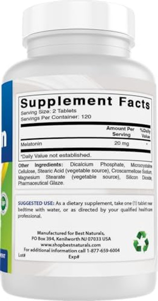 Best Naturals Melatonin 20Mg 240 Tablets Drug Nighttime Sleep Aid Nongmo & Gluten