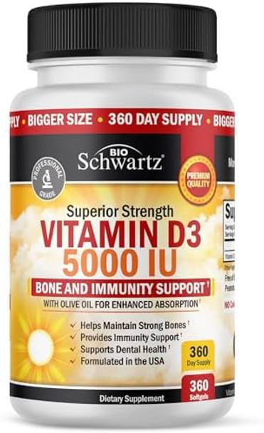 Bioschwartz High Strength Vitamin D3 5000 Iu 125 Mcg (1 Year Supply) Plus 1000Mg Citrus Bergamot Supplement (1 Month Supply)