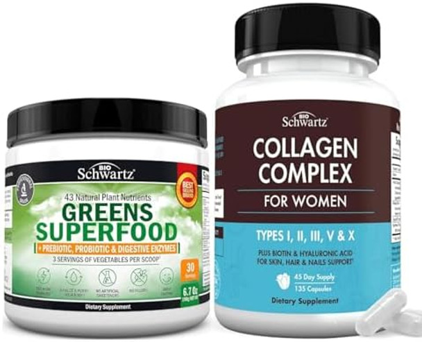 Super Greens Powder With Probiotics Prebiotics And Digestive Enzymes (30 Servings) Plus Hydrolyzed Collagen Peptide Capsules (45 Day Supply) Super Greens Powder With Probiotics Prebiotics And Digestive Enzymes (30 Servings) Plus Hydrolyzed Collagen Peptide Capsules (45 Day Supply)